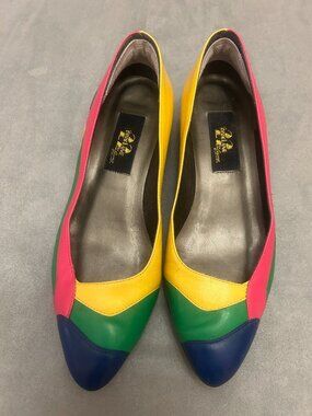 Vintage Rainbow Leather Flats Colorblock Statement Shoes Size 5.5